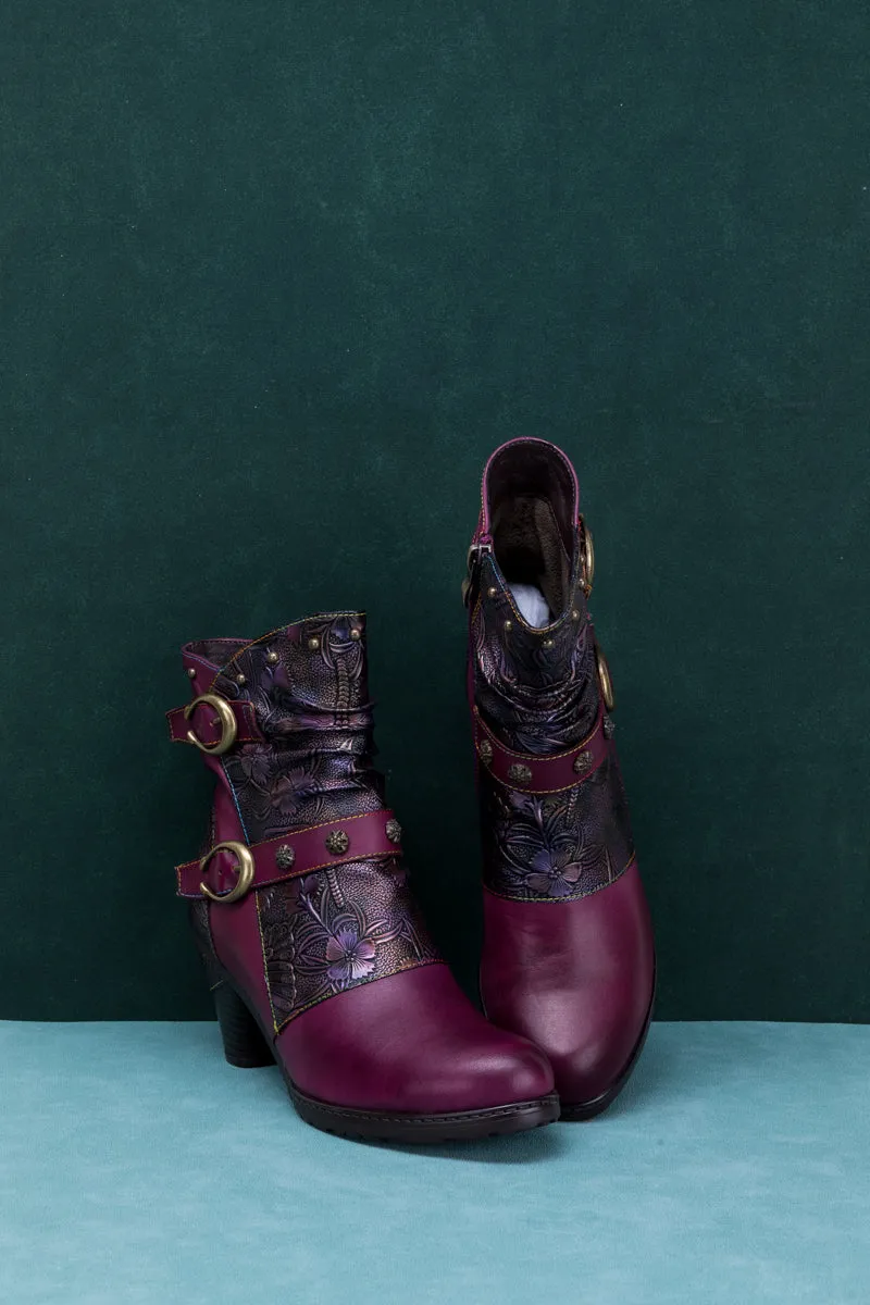 Floral Embossed Buckle Up Leather Bootie - Violet
