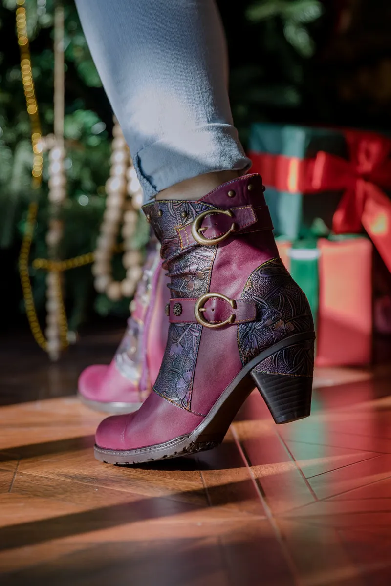 Floral Embossed Buckle Up Leather Bootie - Violet