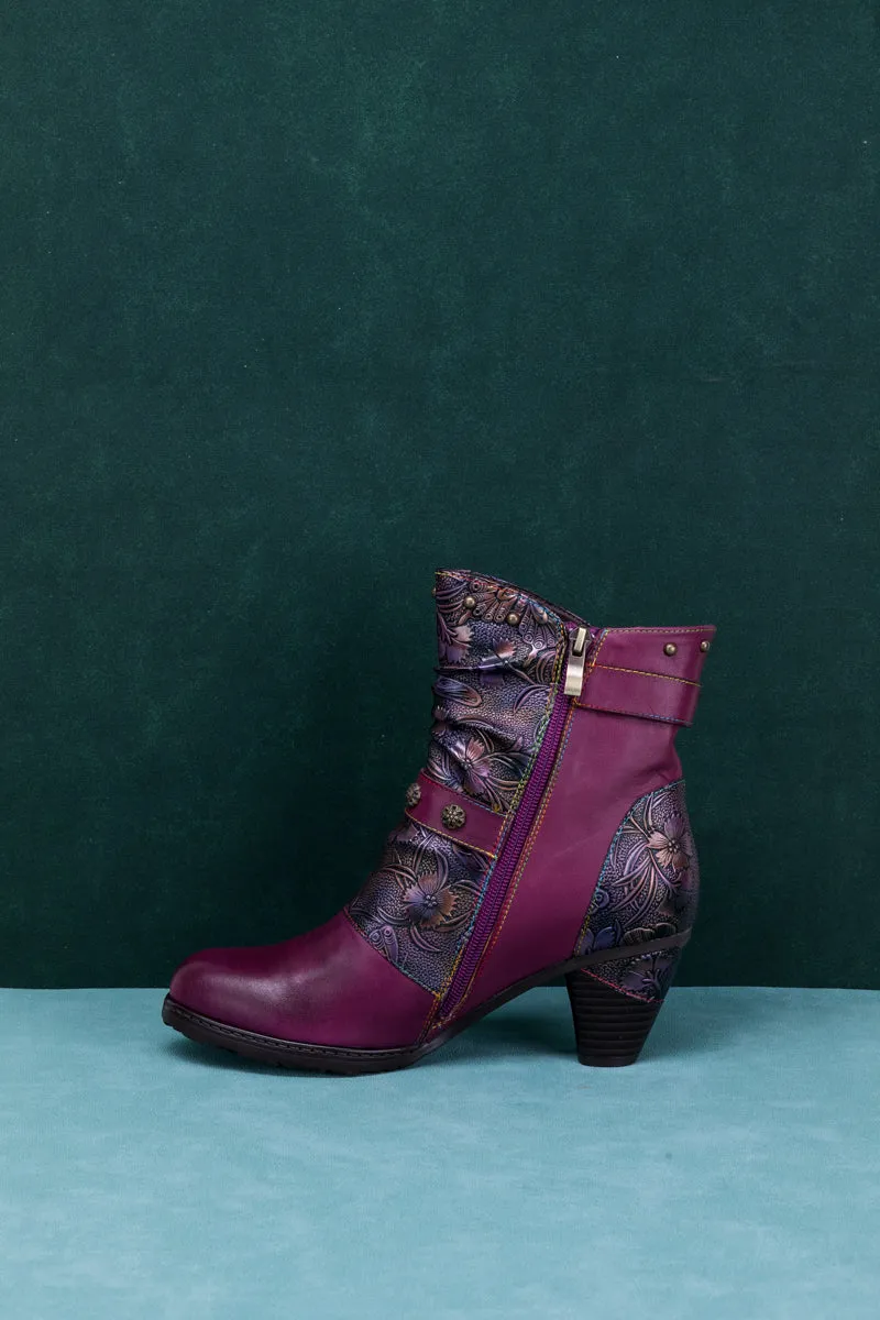 Floral Embossed Buckle Up Leather Bootie - Violet