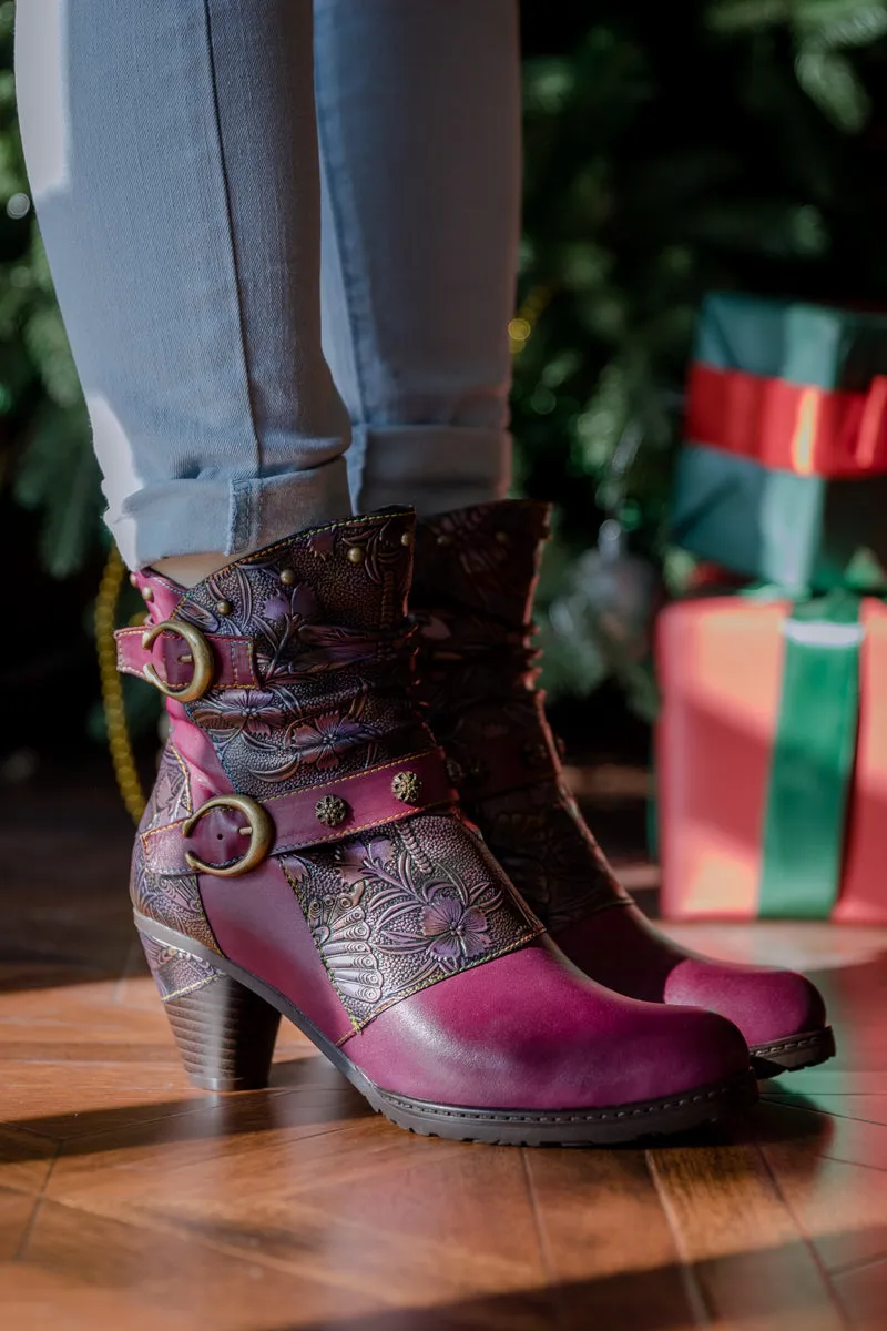 Floral Embossed Buckle Up Leather Bootie - Violet