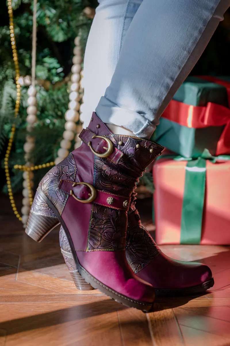 Floral Embossed Buckle Up Leather Bootie - Violet