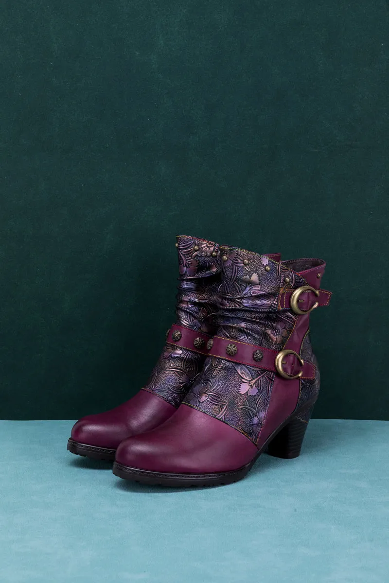 Floral Embossed Buckle Up Leather Bootie - Violet