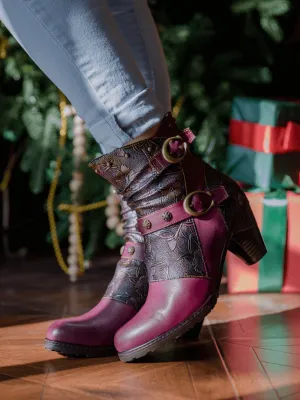Floral Embossed Buckle Up Leather Bootie - Violet