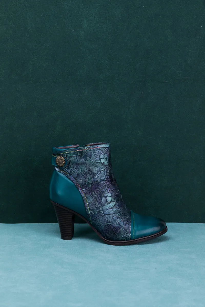 Floral Embossed Metallic Leather Ankle Boot - Teal