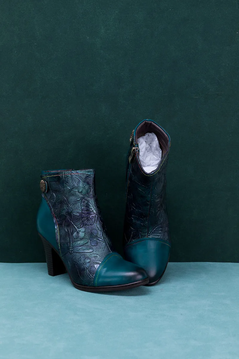 Floral Embossed Metallic Leather Ankle Boot - Teal