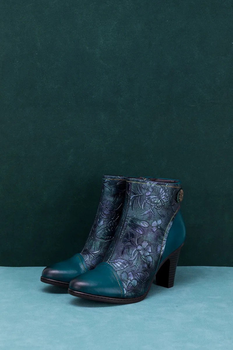 Floral Embossed Metallic Leather Ankle Boot - Teal