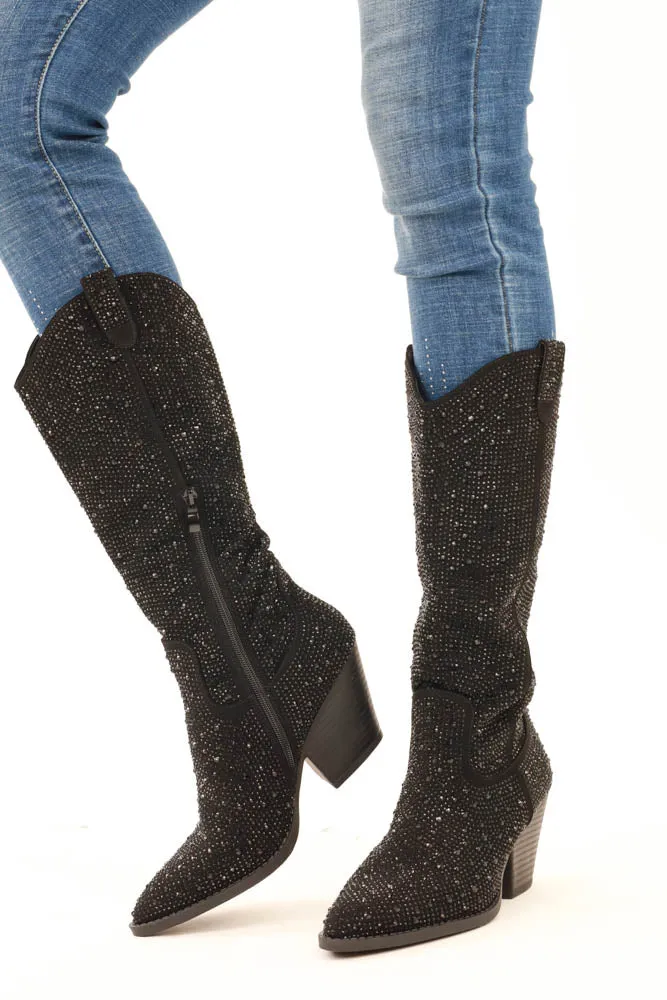 Glitter Rhinestone Boots -Black