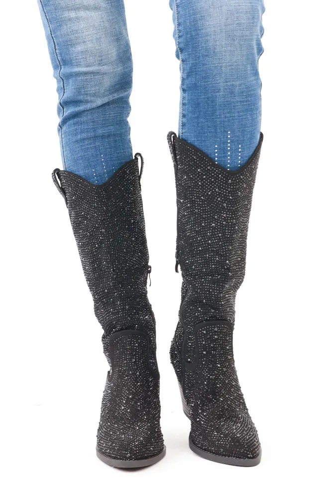 Glitter Rhinestone Boots -Black