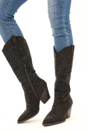 Glitter Rhinestone Boots -Black