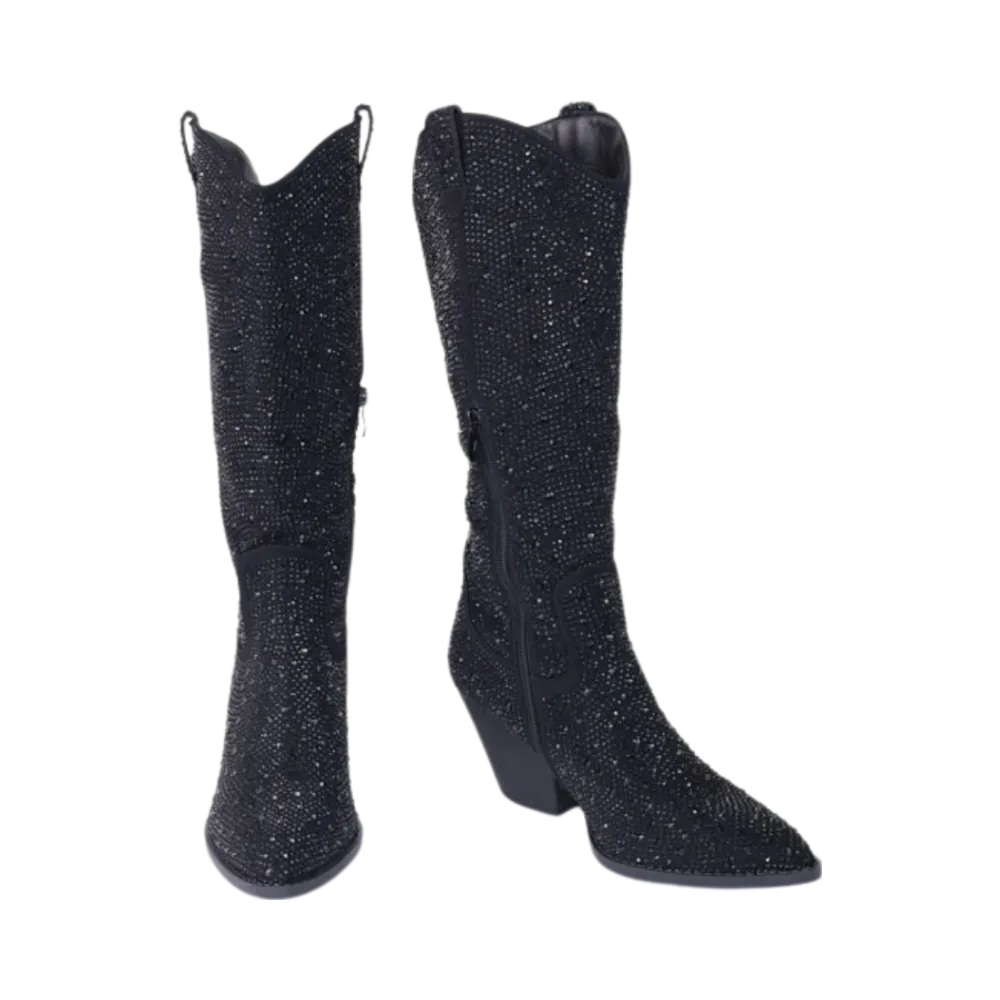 Glitter Rhinestone Boots -Black