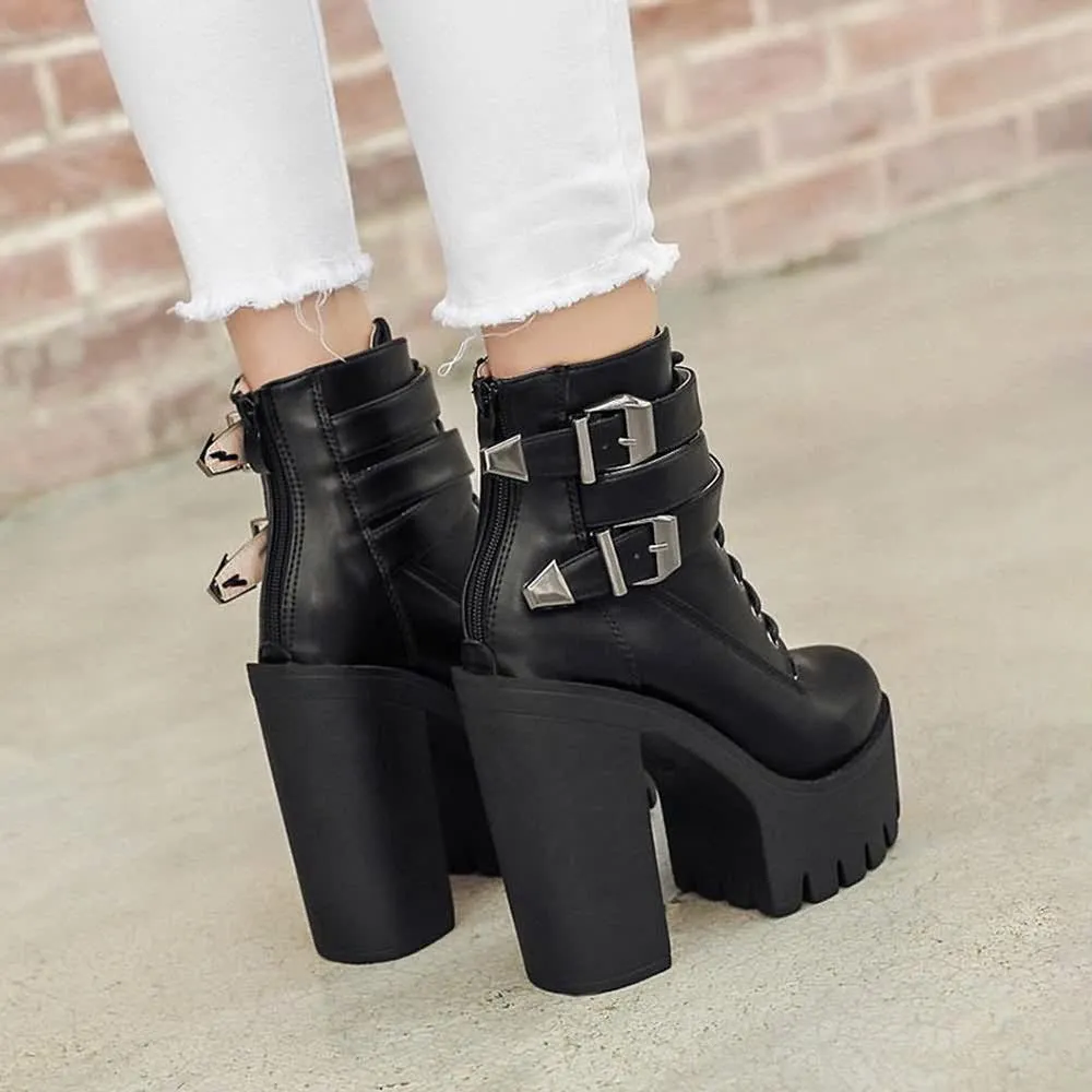 Gothic Double Buckle Strap Lace Up Platform Boots