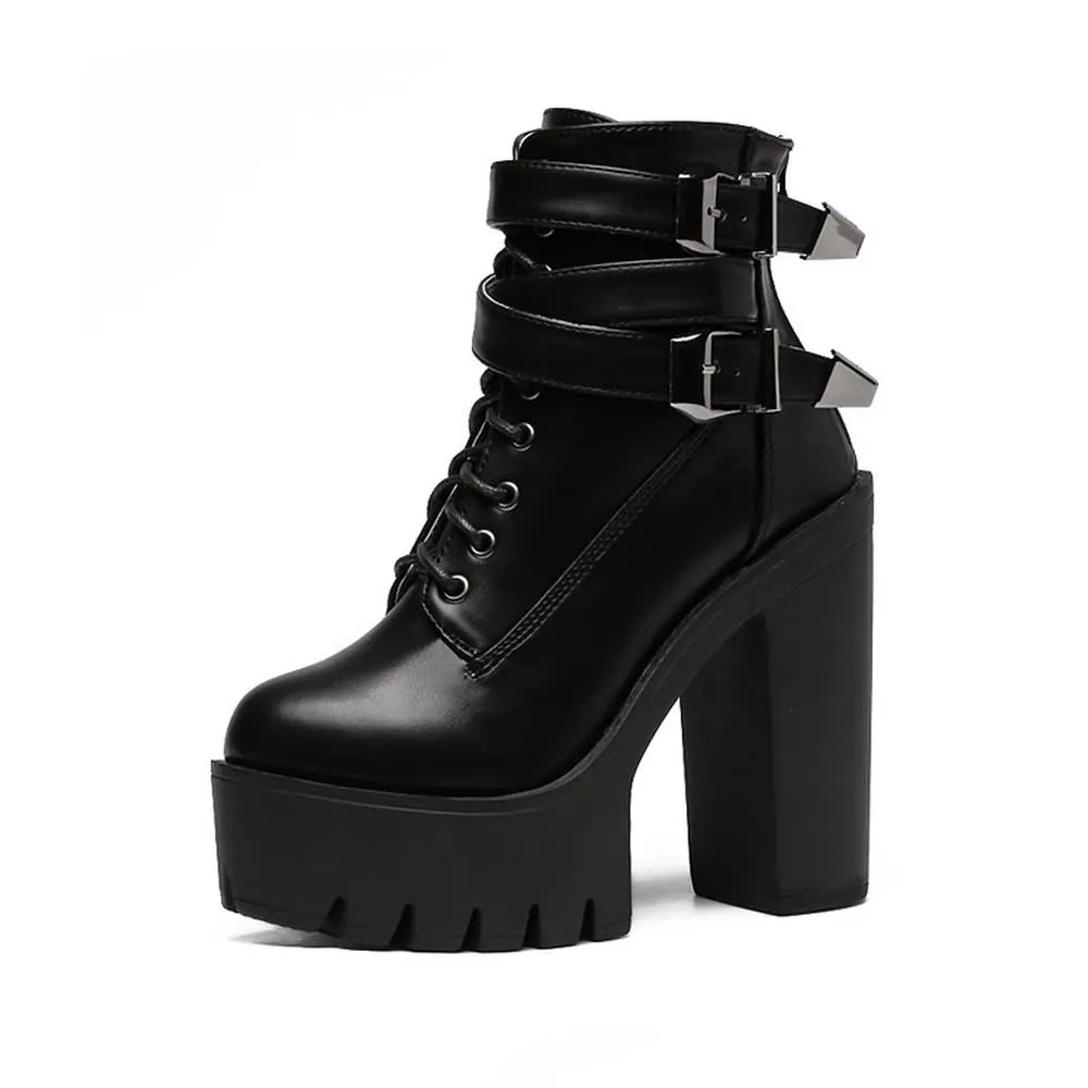 Gothic Double Buckle Strap Lace Up Platform Boots