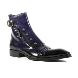 Handmade Blue High Ankle Strap Leather Boots with Side Zipper