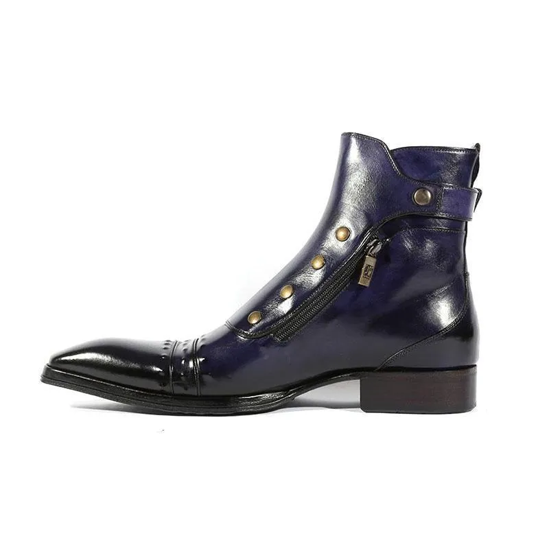 Handmade Blue High Ankle Strap Leather Boots with Side Zipper