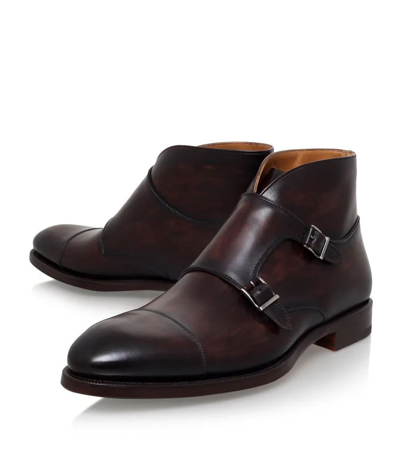 Handmade Brown Leather Double Monk Strap Boots for Men