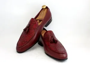 Handmade Burgundy Leather Tassel Loafers for Men