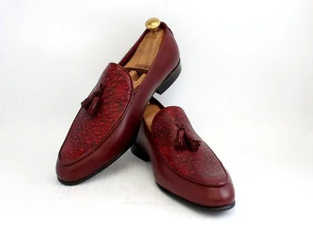 Handmade Burgundy Leather Tassel Loafers for Men