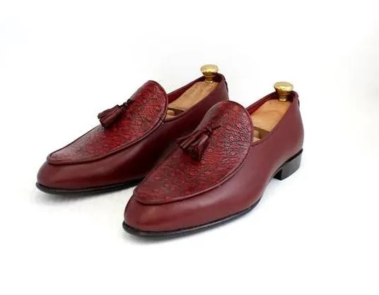 Handmade Burgundy Leather Tassel Loafers for Men