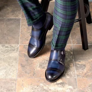 Handmade Navy Blue Double Buckle Monk Dress Shoes