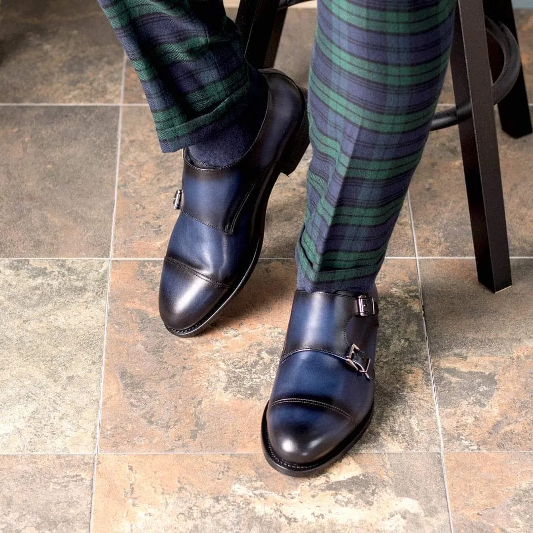 Handmade Navy Blue Double Buckle Monk Dress Shoes