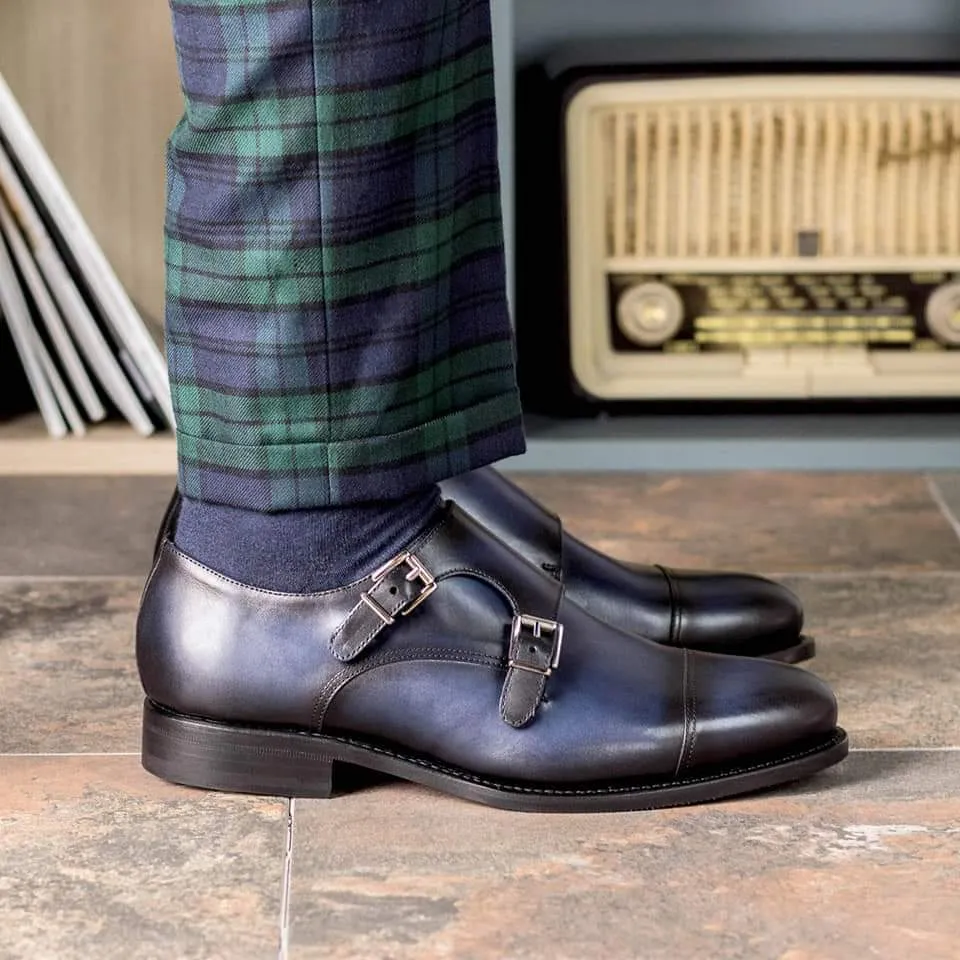Handmade Navy Blue Double Buckle Monk Dress Shoes