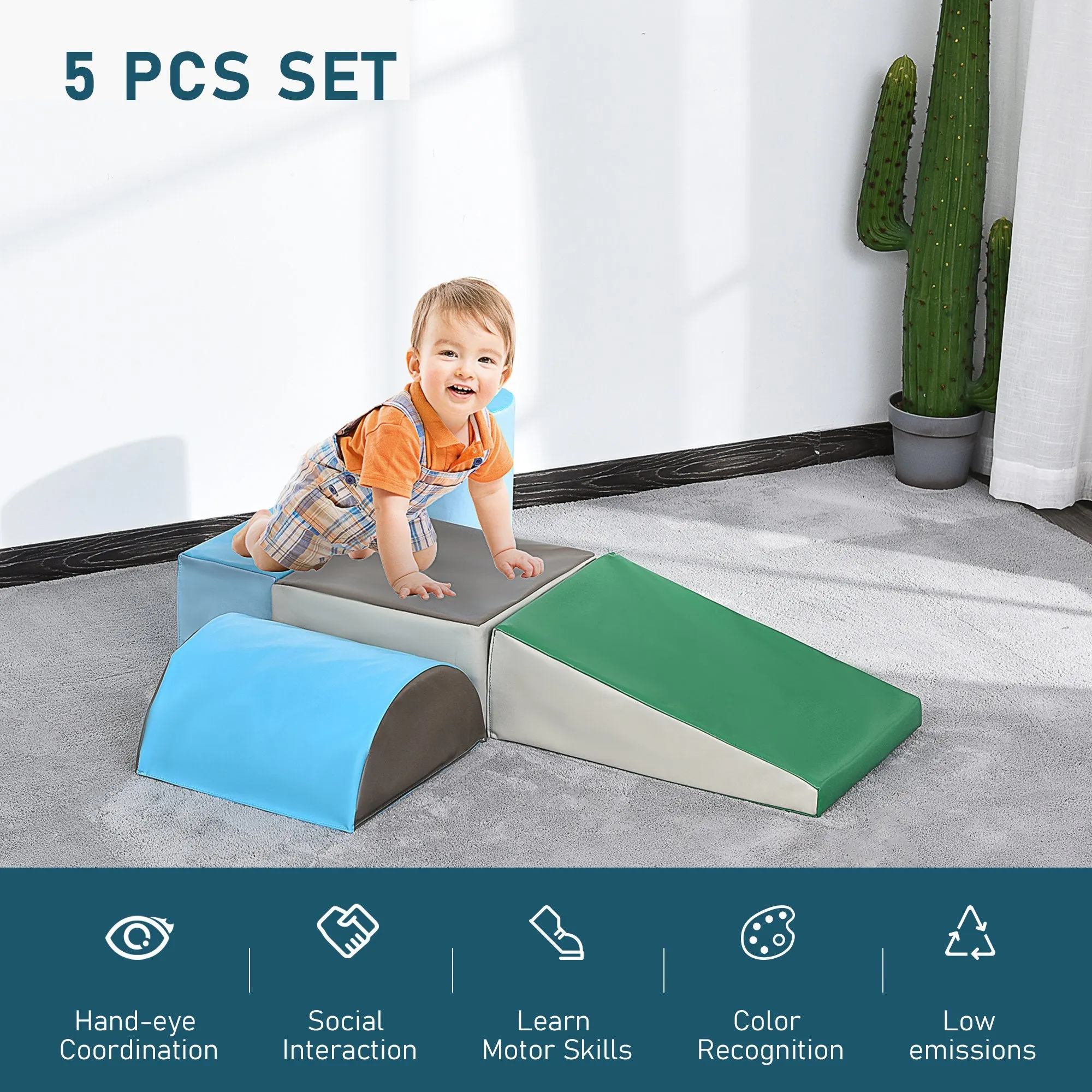 Indoor Soft Play Equipment | Montessori 5 Piece Foam Play Set | Soft Play Slide | Blue & Green | 1-3 years