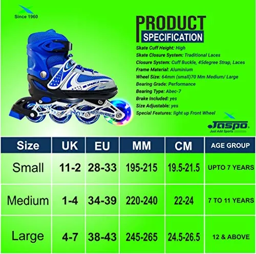 Jaspo Sparkle Adjustable Inline Skates with Front Light up Wheels Beginner Skates Fun Illuminating Roller Skates for Kids Boys and Girls