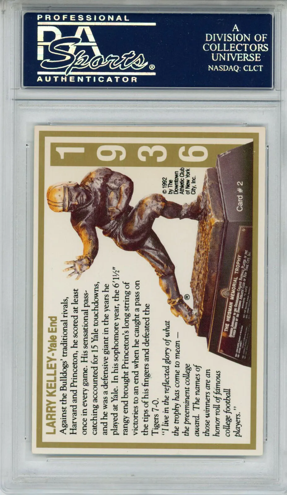 Larry Kelley Signed 1992 Downtown Athletic Club #2 Trading Card PSA Slab 42645