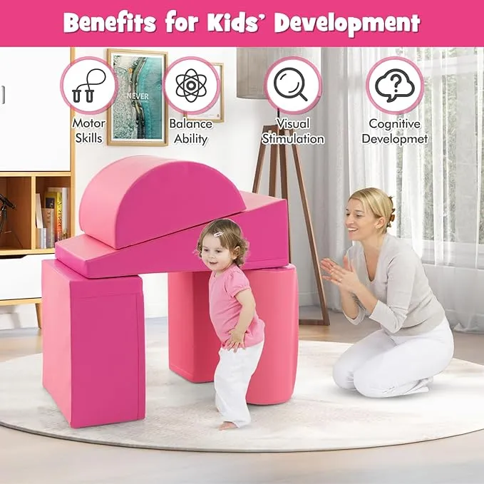 Montessori Soft Play Equipment | Pikler 5 Piece Foam Soft Play Set | Soft Play Slide & Bridge | Hot Pink | 1-3 years
