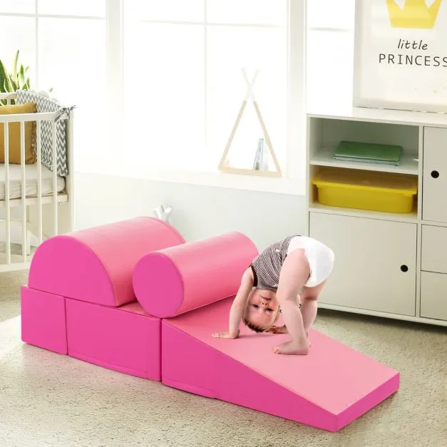 Montessori Soft Play Equipment | Pikler 5 Piece Foam Soft Play Set | Soft Play Slide & Bridge | Hot Pink | 1-3 years