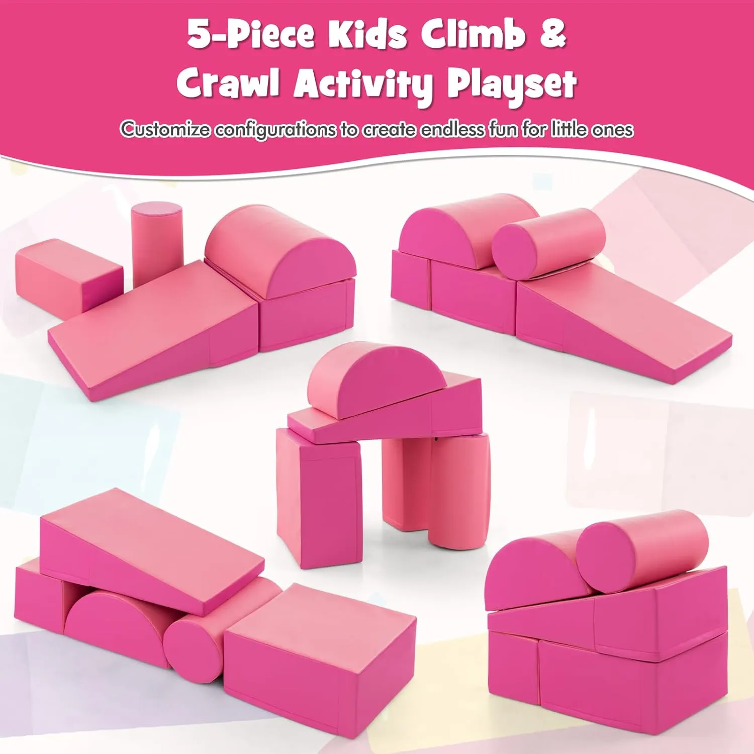Montessori Soft Play Equipment | Pikler 5 Piece Foam Soft Play Set | Soft Play Slide & Bridge | Hot Pink | 1-3 years