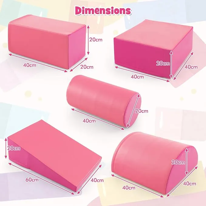 Montessori Soft Play Equipment | Pikler 5 Piece Foam Soft Play Set | Soft Play Slide & Bridge | Hot Pink | 1-3 years