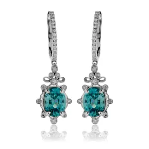 Oval Blue Zircon & Diamond Milgrain Dangle Earrings