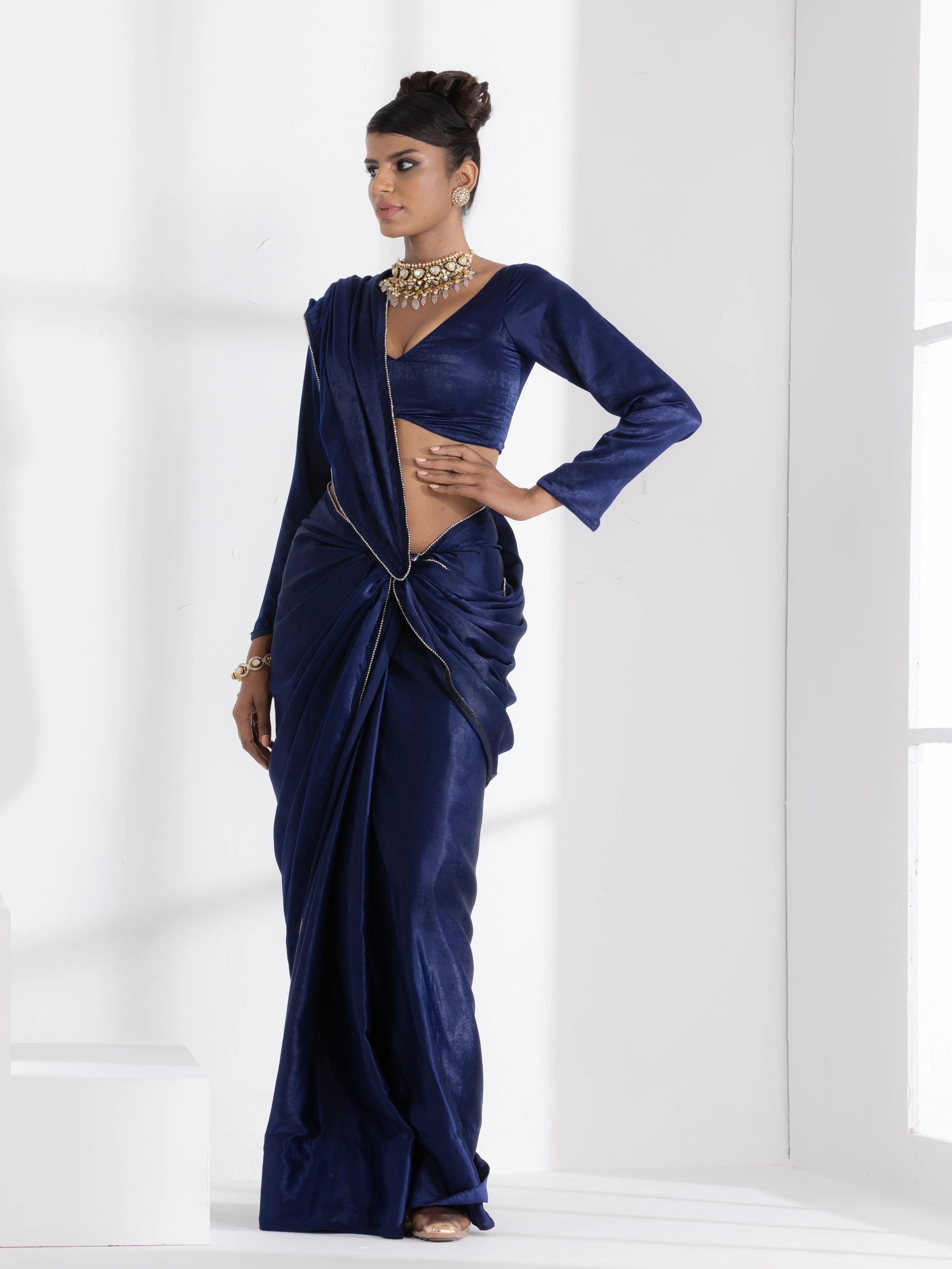 Posh Blue my Mind Saree with Diamond Lace and Self Blouse Fabric