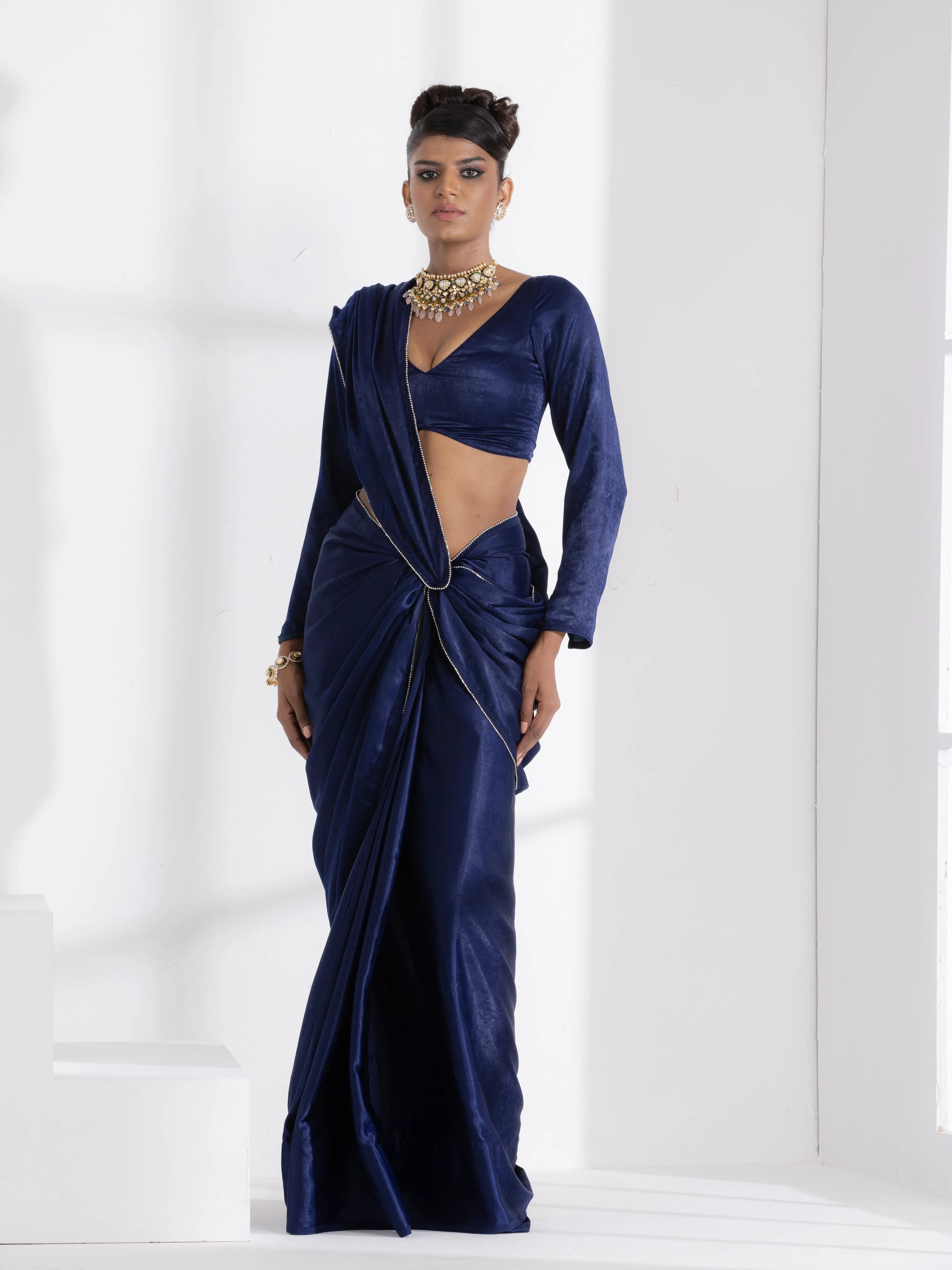 Posh Blue my Mind Saree with Diamond Lace and Self Blouse Fabric