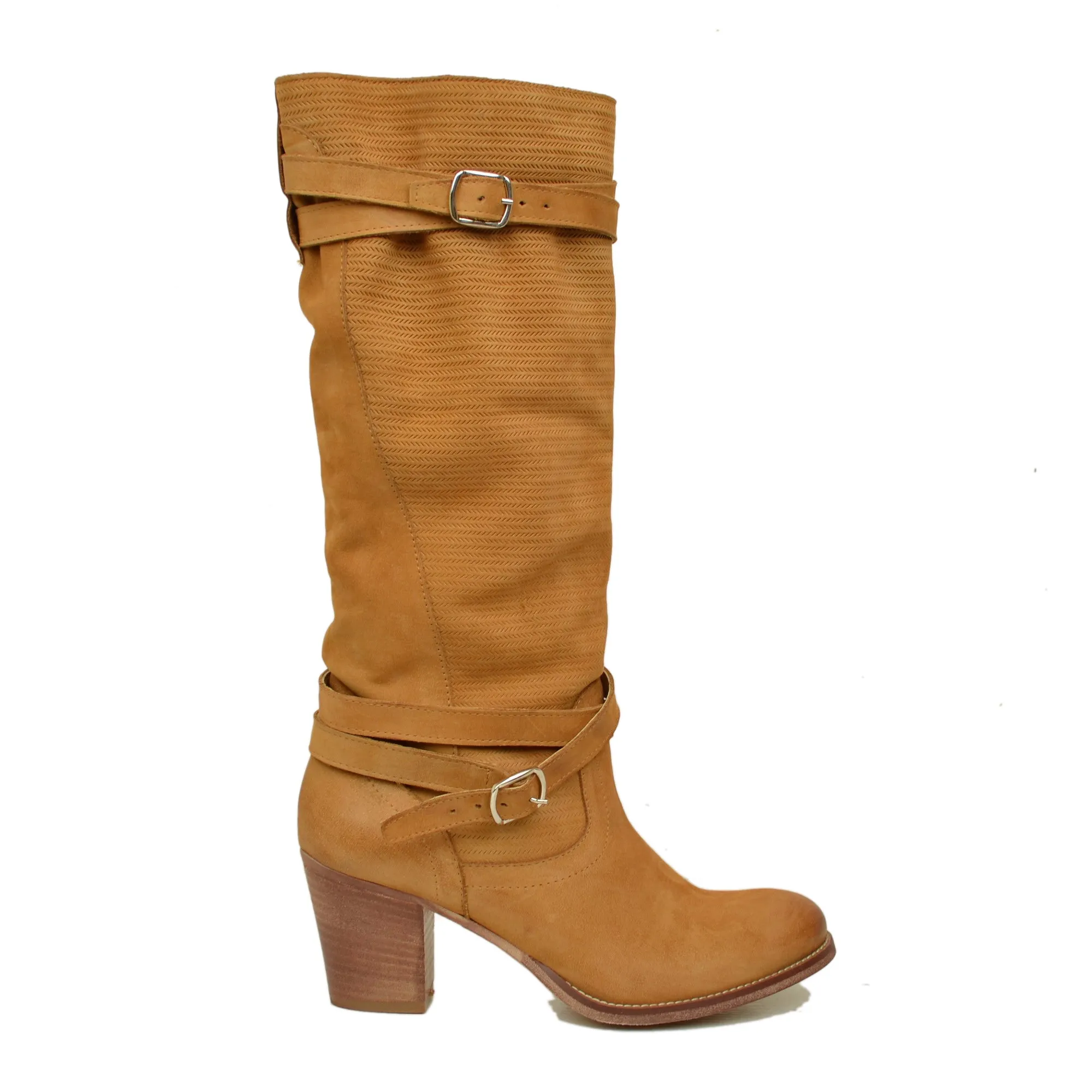 Stivali Donna in Pelle Nabuk Zigrinata Cuoio Made in Italy
