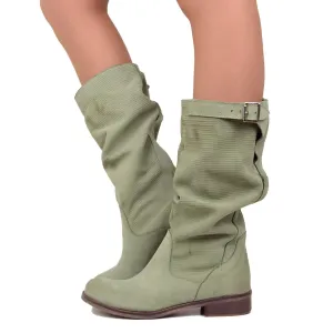 Stivali Donna Morbidi Gambale Zigrinato Pelle Vintage color Menta