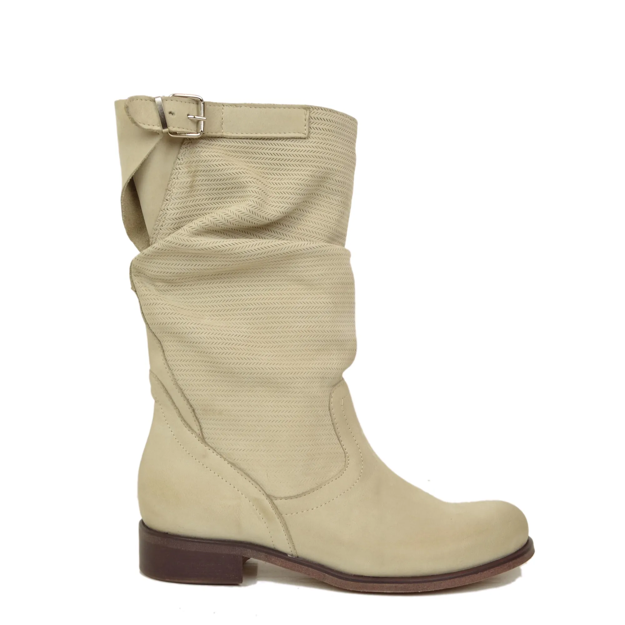 Stivali Estivi Morbidi Zigrinato Pelle Vintage Effetto Utilizzato Beige