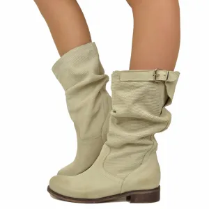 Stivali Estivi Morbidi Zigrinato Pelle Vintage Effetto Utilizzato Beige
