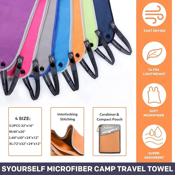 SYOURSELF 2 Pack Microfiber Camping Towel, Quick Dry Towel, Soft Absorbent Compact Travel Gym Workout Sweat Towel for Beach Yoga Swim Travel Camping Hiking Backpack Essentials (S:32"x16")