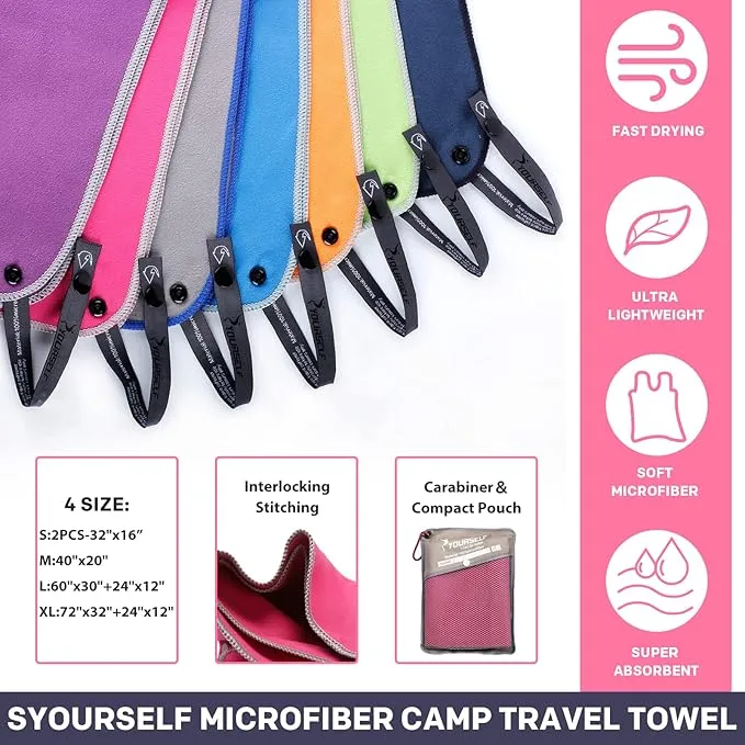 SYOURSELF 2 Pack Microfiber Camping Towel, Quick Dry Towel, Soft Absorbent Compact Travel Gym Workout Sweat Towel for Beach Yoga Swim Travel Camping Hiking Backpack Essentials (S:32"x16")