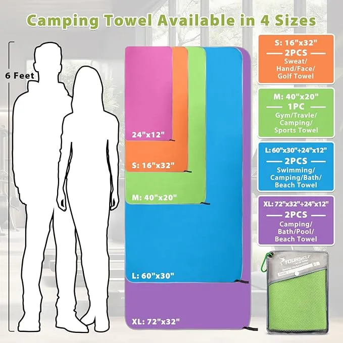 SYOURSELF 2 Pack Microfiber Camping Towel, Quick Dry Towel, Soft Absorbent Compact Travel Gym Workout Sweat Towel for Beach Yoga Swim Travel Camping Hiking Backpack Essentials (XL:72"x32" 12"x24")