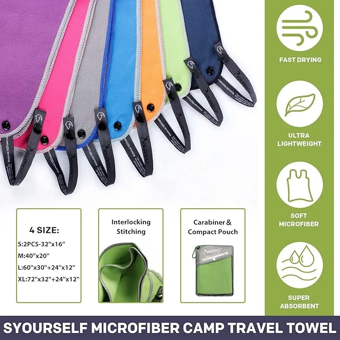 SYOURSELF 2 Pack Microfiber Camping Towel, Quick Dry Towel, Soft Absorbent Compact Travel Gym Workout Sweat Towel for Beach Yoga Swim Travel Camping Hiking Backpack Essentials (XL:72"x32" 12"x24")