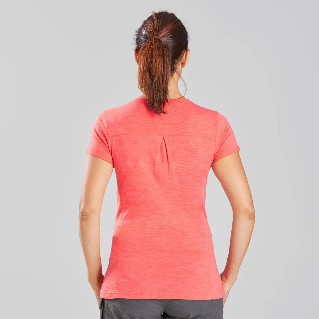 T-shirt de trek voyage - manches courtes - laine mérinos TRAVEL 500 corail Femme