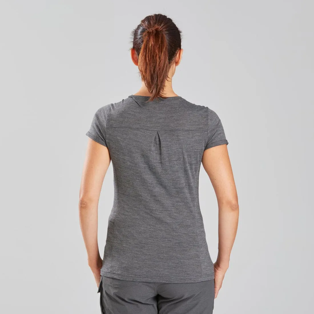 T-shirt de trek voyage - manches courtes - laine mérinos TRAVEL 500 corail Femme