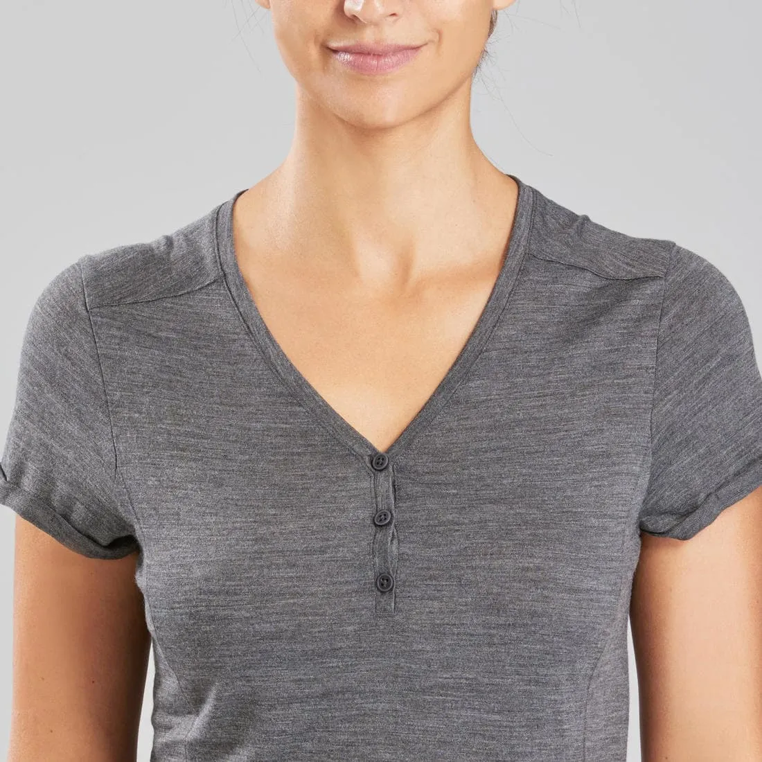 T-shirt de trek voyage - manches courtes - laine mérinos TRAVEL 500 corail Femme