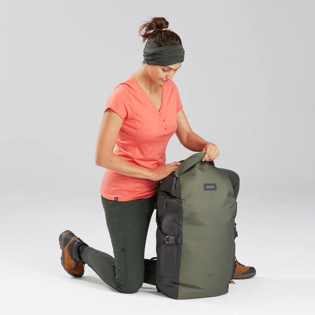 T-shirt de trek voyage - manches courtes - laine mérinos TRAVEL 500 corail Femme