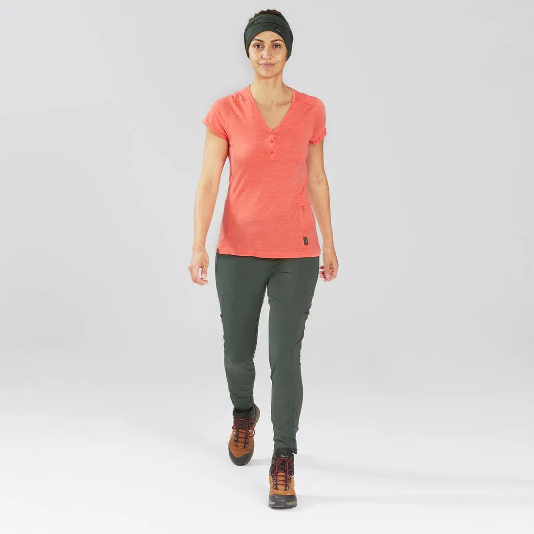 T-shirt de trek voyage - manches courtes - laine mérinos TRAVEL 500 corail Femme