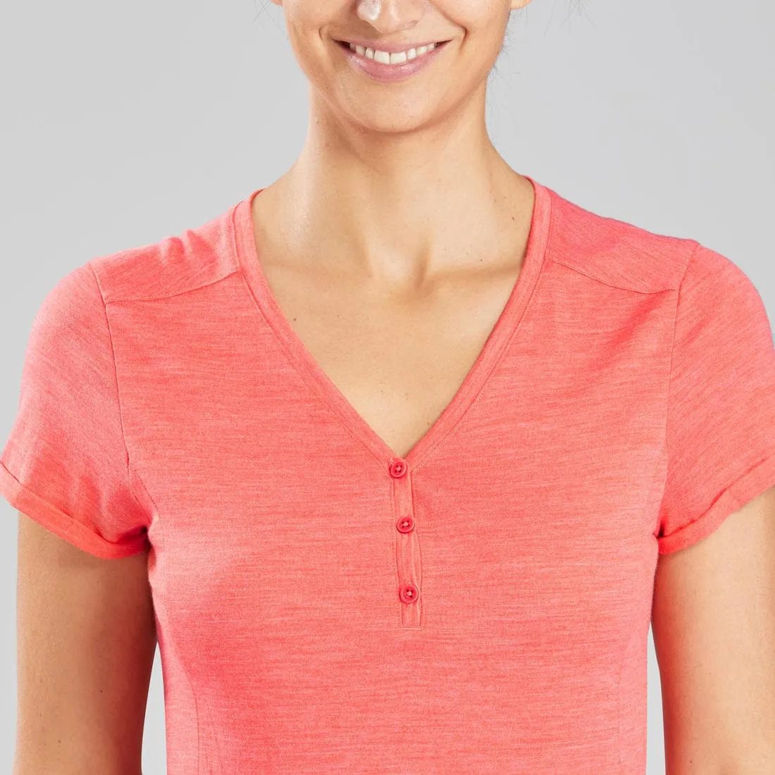 T-shirt de trek voyage - manches courtes - laine mérinos TRAVEL 500 corail Femme