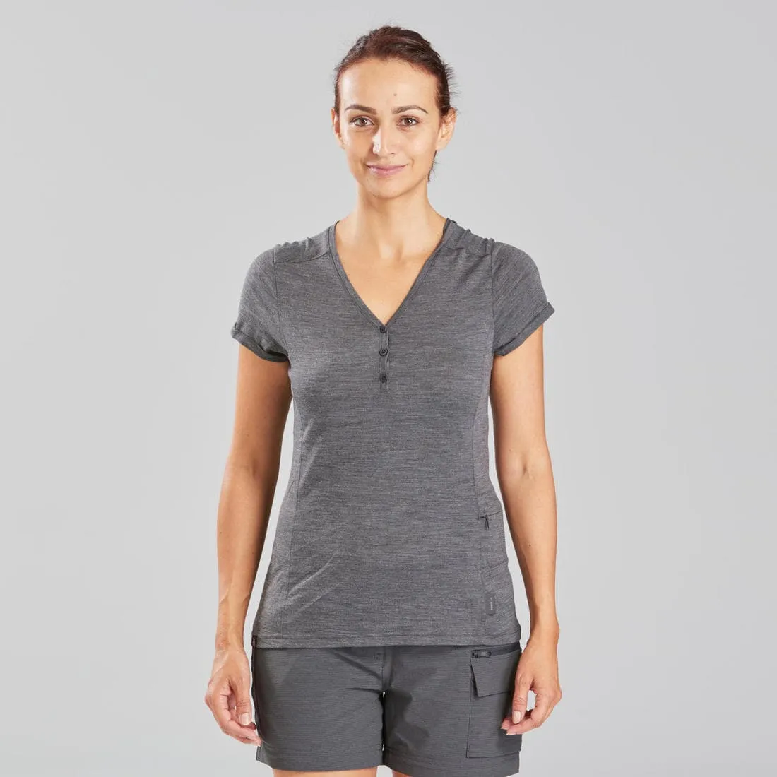 T-shirt de trek voyage - manches courtes - laine mérinos TRAVEL 500 corail Femme